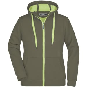 A ladies' double-face jacket in olive green with a light green interior and a hood. Features a zip front and pockets.