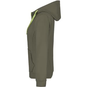 A green ladies doubleface jacket featuring a hood and a contrasting lime zipper. It has a logo on it.