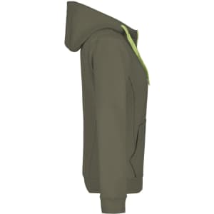 A ladies doubleface jacket in olive green with a contrasting lime green hood and drawstrings. Features a logo.