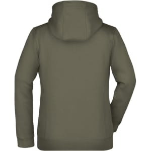 A double-faced jacket in olive green, featuring a hood and a simple design. It has a branding logo on the fabric.