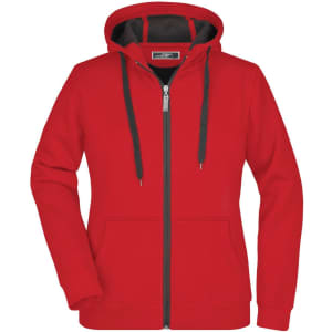 A red doubleface jacket with a hood, featuring a zip front and black accents. It includes a logo on the label.