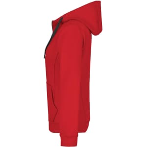 A red ladies' doubleface jacket with a hood, featuring a side view and a pocket. It has a logo on it.