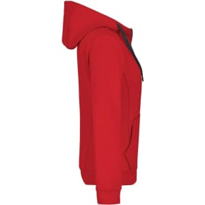 A red Ladies Doubleface Jacket with a hood, featuring a side view and a logo.