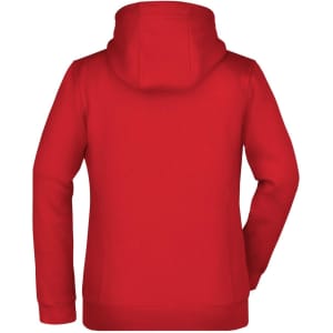 A red Ladies Doubleface Jacket featuring a hood and a simple design, with a branding logo on the back.