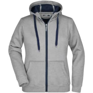 A grey double-faced jacket with a navy hood and zipper, featuring front pockets and drawstrings.