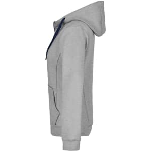 A grey ladies' doubleface jacket with a hood and a front pocket, featuring a navy blue lining. It has a logo.