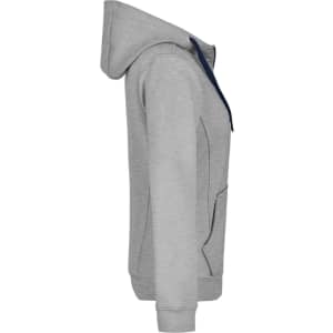 A grey ladies' doubleface jacket with a hood, featuring a contrasting dark blue detail and a front pocket.