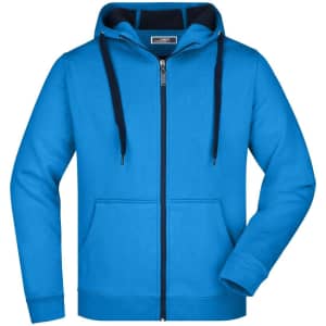 A bright blue men's doubleface jacket with a hood, featuring a zip front and two front pockets.