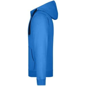 A blue men's doubleface jacket featuring a hood and front pocket, with a logo on the side.