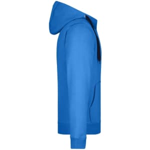 A men's doubleface jacket in vibrant blue, featuring a hood and a front pocket, with a logo on the front.