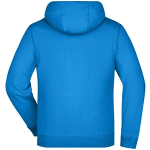 A blue men's double-face jacket with a hood, featuring a plain back design and a logo.