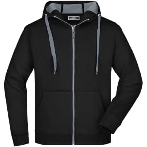 A black men's doubleface jacket with a grey-lined hood and a front zipper, featuring a logo on the label.