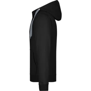A black men's doubleface jacket with a grey hood and a front pocket, featuring a logo on the side.
