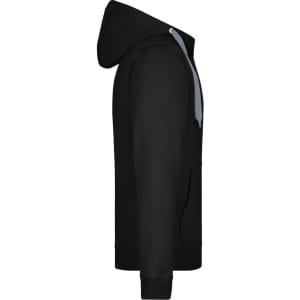 A men's doubleface jacket in black with a grey hood and drawstrings, featuring a side view.
