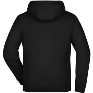 A black men's doubleface jacket with a hood, featuring a rear view. It includes a logo on the fabric.