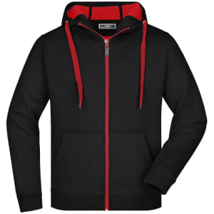 A black jacket with a red inner lining and accents, featuring a zip front and hood. It has a logo on the label.
