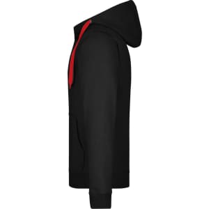 A black men's double-face jacket with a red hood and drawstrings, featuring a side view and a branded logo.