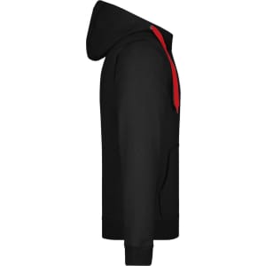 A black men's doubleface jacket with a red hood and detailing, featuring a logo.