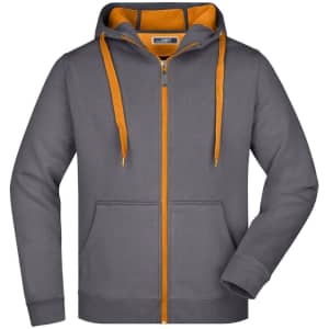 A grey doubleface jacket with orange accents and a hood, featuring a front zip and pockets. It includes a logo.