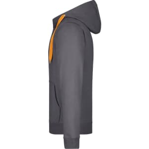 A grey doubleface jacket with an orange hood and drawstring, featuring a side view and a kangaroo pocket.