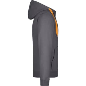 A men's doubleface jacket in grey with an orange hood drawstring. Features a side view design.