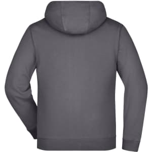 A men's double-face jacket in dark grey featuring a hood and long sleeves. The jacket has a logo on it.