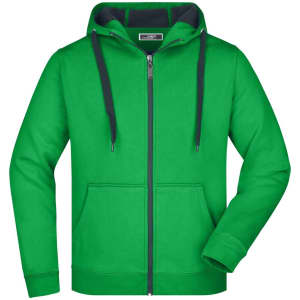 A vibrant green double-faced jacket featuring a hood and front pockets, with contrasting navy details.