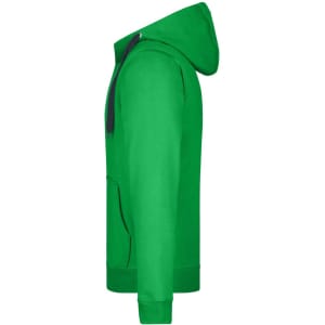 A green doubleface jacket with a hood and a front pocket, featuring a logo.
