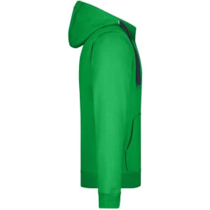 A green men's doubleface jacket with a hood and a front pocket, featuring a branding logo.