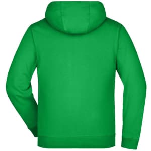 A green hooded jacket with a plain back and a matching hood, featuring a logo.