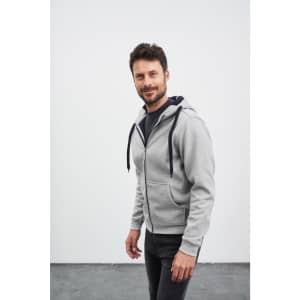 A grey men's jacket featuring a hood, with a zip front and casual, comfortable style. It has a logo on the design.