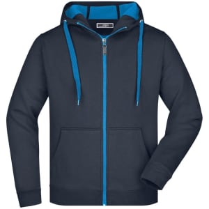 A men's double-face jacket in navy blue with a bright blue hood and zip, featuring front pockets and a logo.