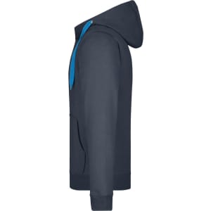 A men's doubleface jacket in navy with a blue hood, featuring a pocket and a slight side profile view.