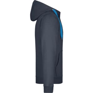 A men's doubleface jacket in navy blue with a contrasting blue hood and a front pocket, featuring a logo.