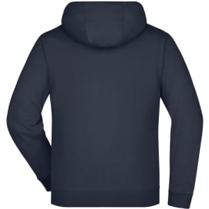 A navy double-face jacket with a hood, featuring a back view and a simple design. Includes a logo.