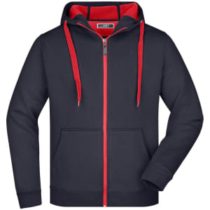 A men's doubleface jacket featuring a navy exterior and a red interior, with a hood and zip-up front.