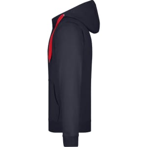 A dark navy men's doubleface jacket with a red hood, featuring a pocket and a logo.