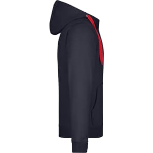 A navy blue men's doubleface jacket with a red hood and zipper, featuring a side view and a logo.