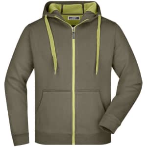A men's double-faced jacket in olive green with a bright green lining, featuring a zip and front pockets.