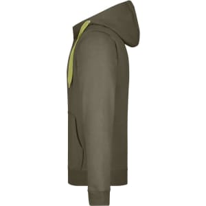A men's doubleface jacket in olive green with a contrasting yellow hood and pocket. It features a logo.