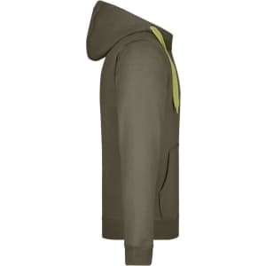 A men's doubleface jacket in olive green with a hood and a contrasting light green drawstring. Features a logo.