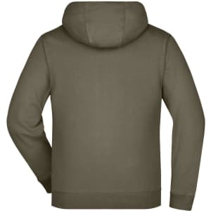 A men's doubleface jacket in olive green, featuring a hood and a simple, sleek design.