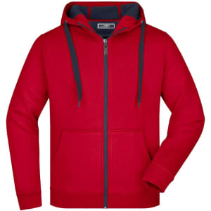 A red men's doubleface jacket featuring a hood, zip closure, and navy accents with front pockets.