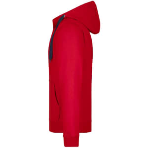 A red men's doubleface jacket with a hood and a contrasting blue drawstring. It includes a front pocket and has branding.