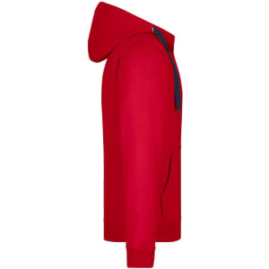 A red men's doubleface jacket with a hood, featuring a contrasting navy blue detail. It has a logo on the side.