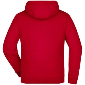 A red men's doubleface jacket with a hood, featuring a plain back design. It has a logo on the fabric.