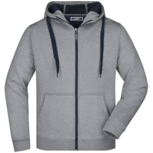 A grey men's doubleface jacket with a zip-up front and a hood, featuring navy accents and front pockets.
