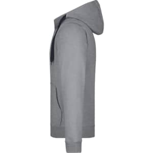 A grey hoodie with a kangaroo pocket and drawstring hood, featuring a branding logo.