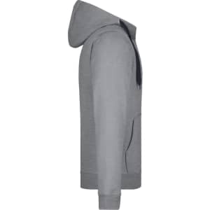 A grey men's doubleface jacket with a hood, featuring a pocket and a branding logo.