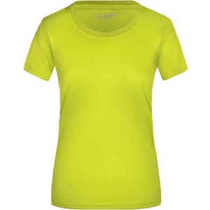 A women's short-sleeve T-shirt in bright yellow with a round neckline and a logo.